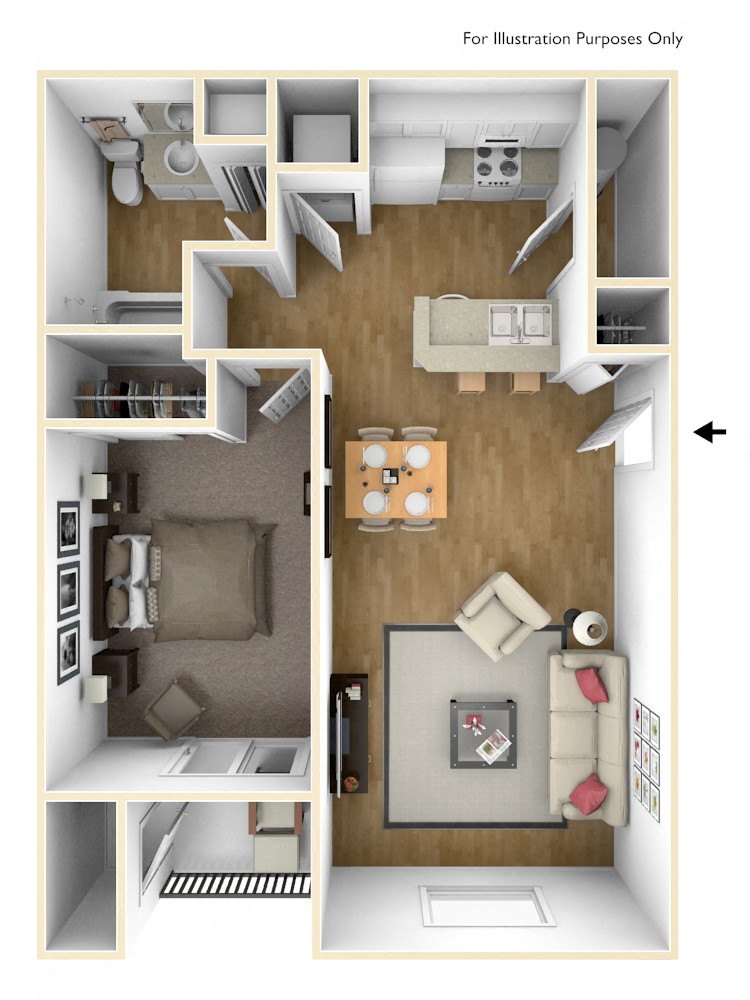 Floor plan for 1 bed, 1 bath, 689 sqft